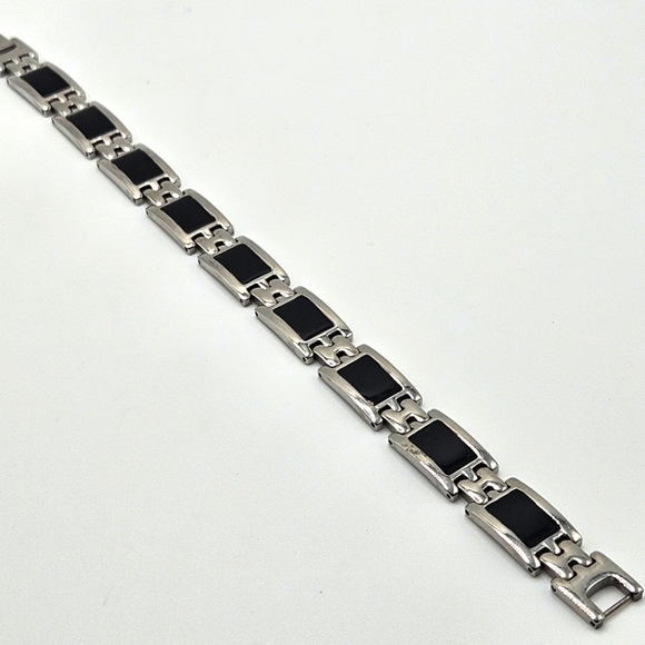 Stainless Steel Black Enamel Watch Link Men's Bracelet 9.25" - Picture 1 of 7